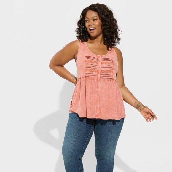 Torrid - Textured Jersey Scoop Neck Button Down Babydoll in Apricot Brandy - Picture 8 of 11